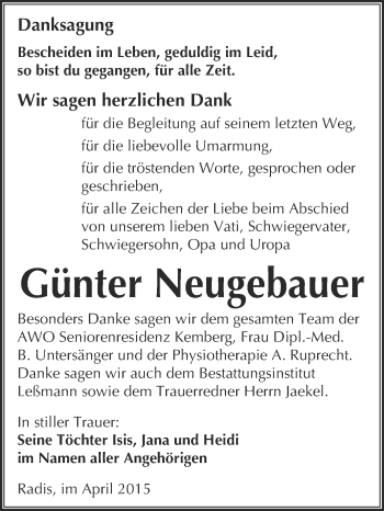 Traueranzeige von Günter  Neugebauer von WVG - Wochenspiegel Wittenberg