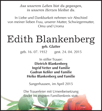 Traueranzeige von Edith Blankenberg von Mitteldeutsche Zeitung Sangerhausen