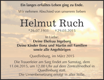 Traueranzeige von Helmut Ruch von WVG - Wochenspiegel Quedlinburg