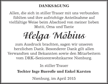 Traueranzeige von Helga Möbius von Super Sonntag Bernburg