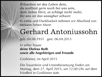 Traueranzeige von Gerhard Antoniussohn von Mitteldeutsche Zeitung Mansfelder Land