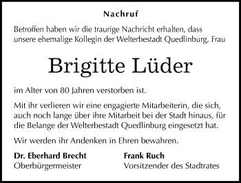 Traueranzeige von Brigitte Lüder von Mitteldeutsche Zeitung Quedlinburg
