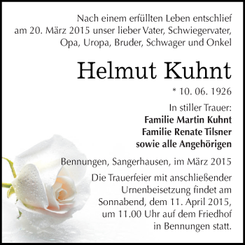 Traueranzeige von Helmut Kuhnt von Super Sonntag SGH Mansf. Land