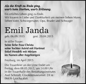 Traueranzeige von Emil Janda von Mitteldeutsche Zeitung Naumburg/Nebra