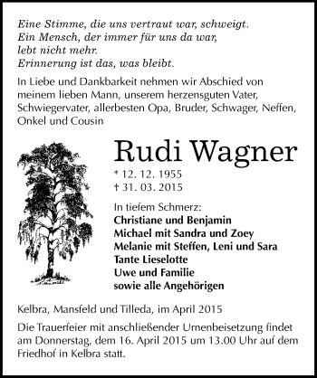 Traueranzeige von Rudi Wagner von Mitteldeutsche Zeitung Sangerhausen