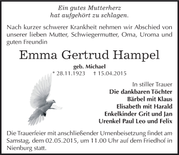 Traueranzeige von Emma Gertrud Hampel von Mitteldeutsche Zeitung Bernburg