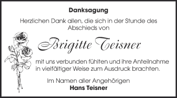 Traueranzeige von Brigitte Teisner von Super Sonntag Bernburg