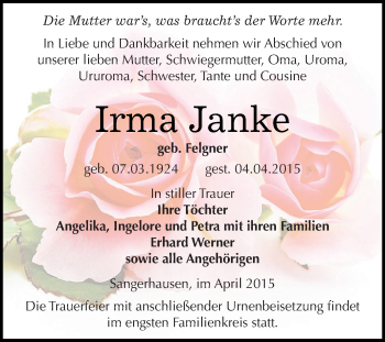 Traueranzeige von Irma Janke von Super Sonntag SGH Mansf. Land