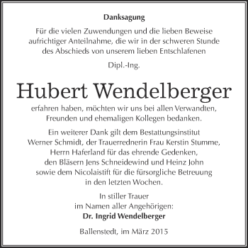 Traueranzeige von Hubert Wendelberger von WVG - Wochenspiegel Quedlinburg