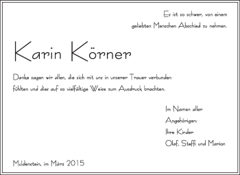 Traueranzeige von Karin Körner von WVG - Wochenspiegel Bitterfeld