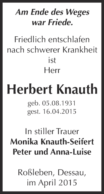 Traueranzeige von Herbert Knauth von WVG - Wochenspiegel Dessau / Köthen