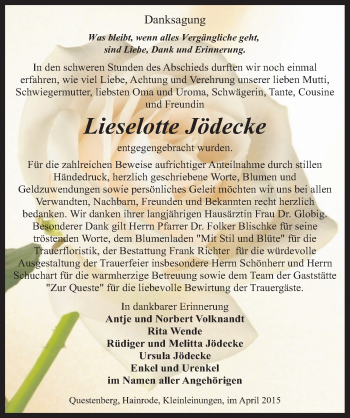 Traueranzeige von Lieselotte Jödecke von Mitteldeutsche Zeitung Sangerhausen