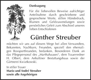 Traueranzeige von Günther Streuber von WVG - Wochenspiegel Dessau / Köthen