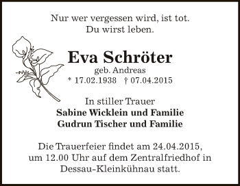 Traueranzeige von Eva Schröter von WVG - Wochenspiegel Dessau / Köthen