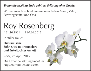 Traueranzeige von Roy Rosenberg von Super Sonntag Zeitz