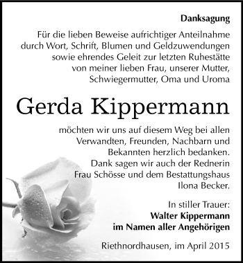 Traueranzeige von Gerda Kippermann von Mitteldeutsche Zeitung Sangerhausen