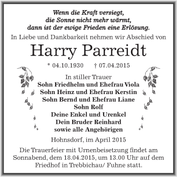 Traueranzeige von Harry Parreidt von WVG - Wochenspiegel Dessau / Köthen