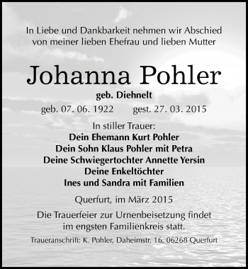 Traueranzeige von Johanna Pohler von Mitteldeutsche Zeitung Merseburg/Querfurt