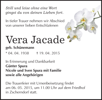 Traueranzeige von Vera Jacade von Mitteldeutsche Zeitung Bitterfeld