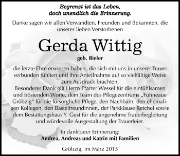 Traueranzeige von Gerda Wittig von Mitteldeutsche Zeitung Köthen