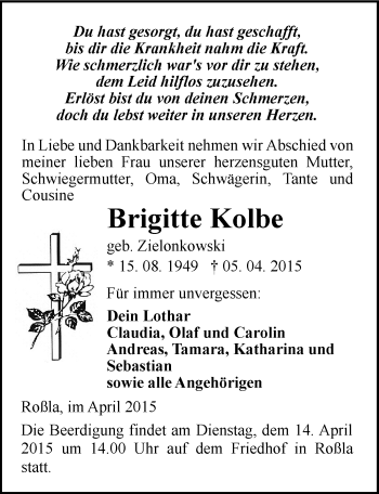Traueranzeige von Brigitte Kolbe von Mitteldeutsche Zeitung Sangerhausen