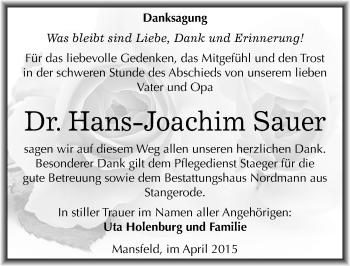 Traueranzeige von Hans-Joachim Sauer von Mitteldeutsche Zeitung Mansfelder Land