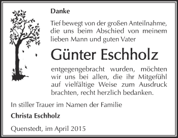 Traueranzeige von Günter Eschholz von Wochenspiegel Mansfelder Land
