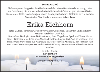 Traueranzeige von Erika Eichhorn von Mitteldeutsche Zeitung Naumburg/Nebra