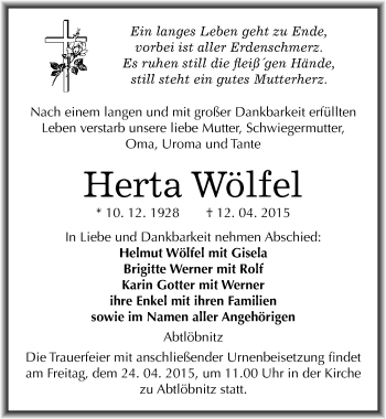 Traueranzeige von Herta Wölfel von Mitteldeutsche Zeitung Naumburg/Nebra