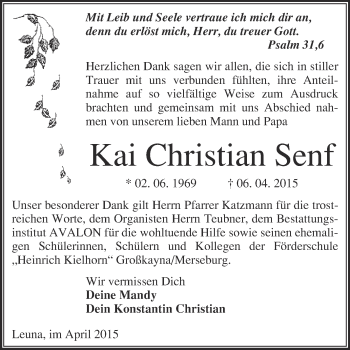 Traueranzeige von Kai Christian Senf von WVG - Wochenspiegel Merseburg