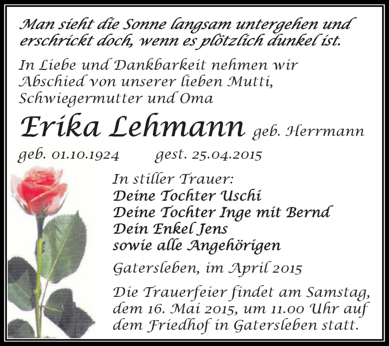 Traueranzeige für Erika Lehmann vom 29.04.2015 aus Super Sonntag Aschersleben