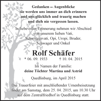 Traueranzeige von Rolf Schäfer von WVG - Wochenspiegel Quedlinburg