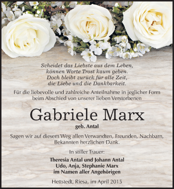 Traueranzeige von Gabriele Marx von Mitteldeutsche Zeitung Mansfelder Land