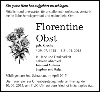 Traueranzeige von Florentine Obst von Mitteldeutsche Zeitung Mansfelder Land