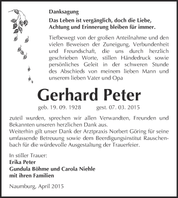 Traueranzeige von Gerhard Peter von WVG - Wochenspiegel NMB / WSF / ZTZ