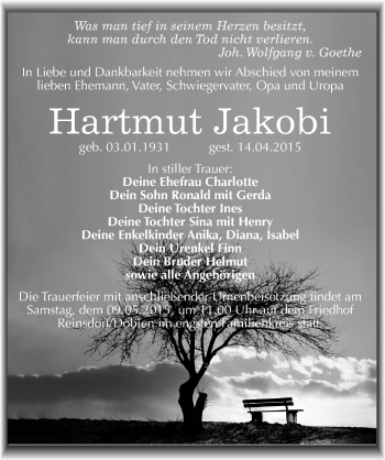 Traueranzeige von Hartmut Jakobi von Mitteldeutsche Zeitung Wittenberg