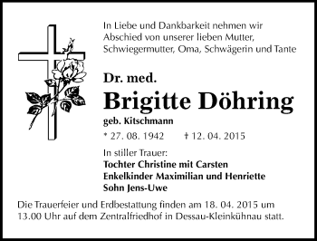 Traueranzeige von Brigitte Döhring von Mitteldeutsche Zeitung Dessau-Roßlau