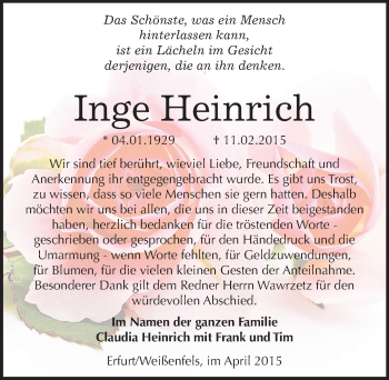 Traueranzeige von Inge Heinrich von Mitteldeutsche Zeitung Weißenfels