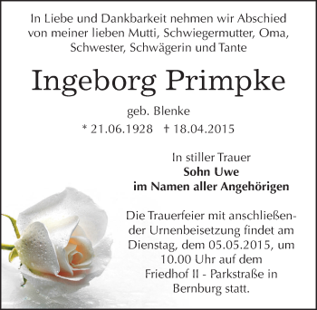 Traueranzeige von Ingeborg Primpke von Mitteldeutsche Zeitung Bernburg