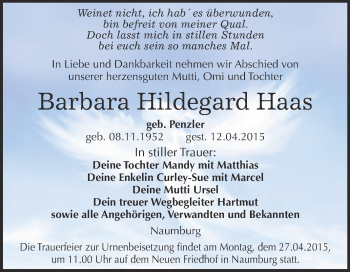 Traueranzeige von Barbara Hildegard Haas von WVG - Wochenspiegel NMB / WSF / ZTZ