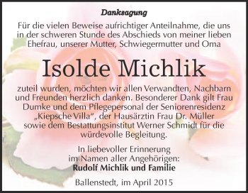 Traueranzeige von Isolde Michlik von WVG - Wochenspiegel Quedlinburg