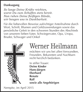 Traueranzeige von Werner Heilmann von Super Sonntag Merseburg