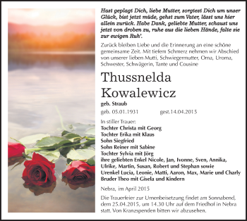 Traueranzeige von Thussnelda Kowalewicz von Mitteldeutsche Zeitung Naumburg/Nebra