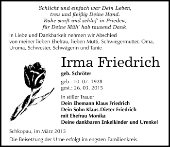 Traueranzeige von Irma Friedrich von Mitteldeutsche Zeitung Merseburg/Querfurt