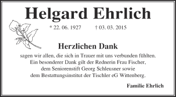 Traueranzeige von Helgard Ehrlich von WVG - Wochenspiegel Wittenberg
