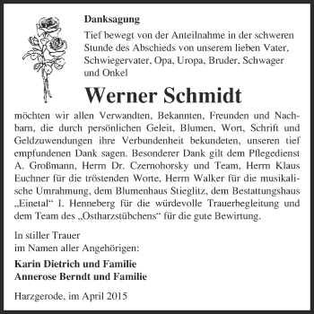 Traueranzeige von Werner Schmidt von Super Sonntag Quedlinburg