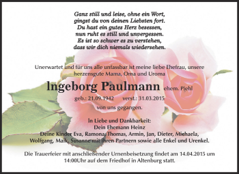 Traueranzeige von lngeborg Paulmann von Super Sonntag Bernburg