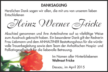 Traueranzeige von Heinz Werner Fricke von WVG - Wochenspiegel Dessau / Köthen