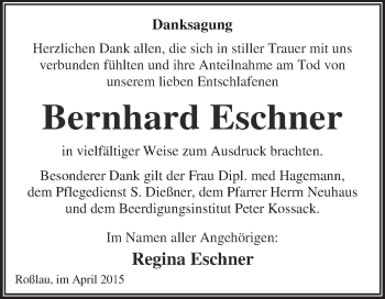 Traueranzeige von Bernhard Eschner von WVG - Wochenspiegel Dessau / Köthen