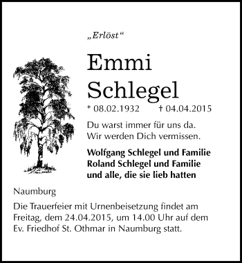 Traueranzeige von Emmi Schlegel von Mitteldeutsche Zeitung Naumburg/Nebra